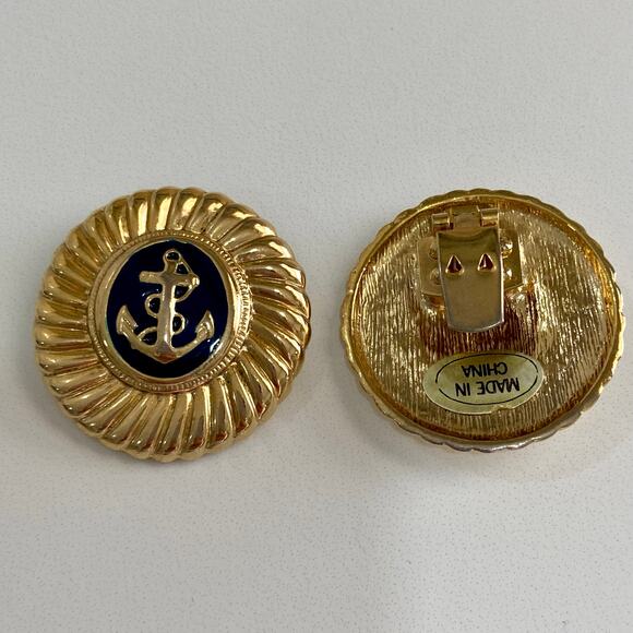 Vintage Nautical Sailor Anchor Navy Enamel Gold Round Shoe Purse Accessory Clips - Picture 3 of 7